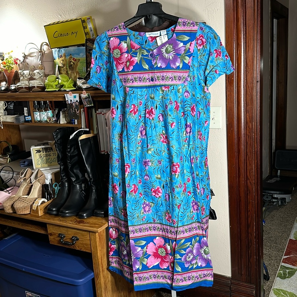 NWT Cotton Dress blue pink floral midi pockets empire waist sleek smooth cool